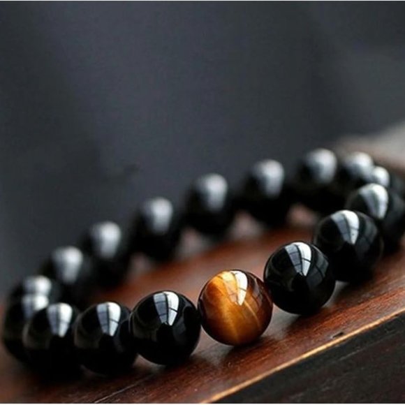 10mm Black Onyx Energy Tiger Eye Accent Stretch Bracelet - Picture 2 of 11